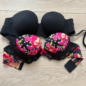 2 Victoria's Secret strapless Black Bra with Pink Floral Design convertable